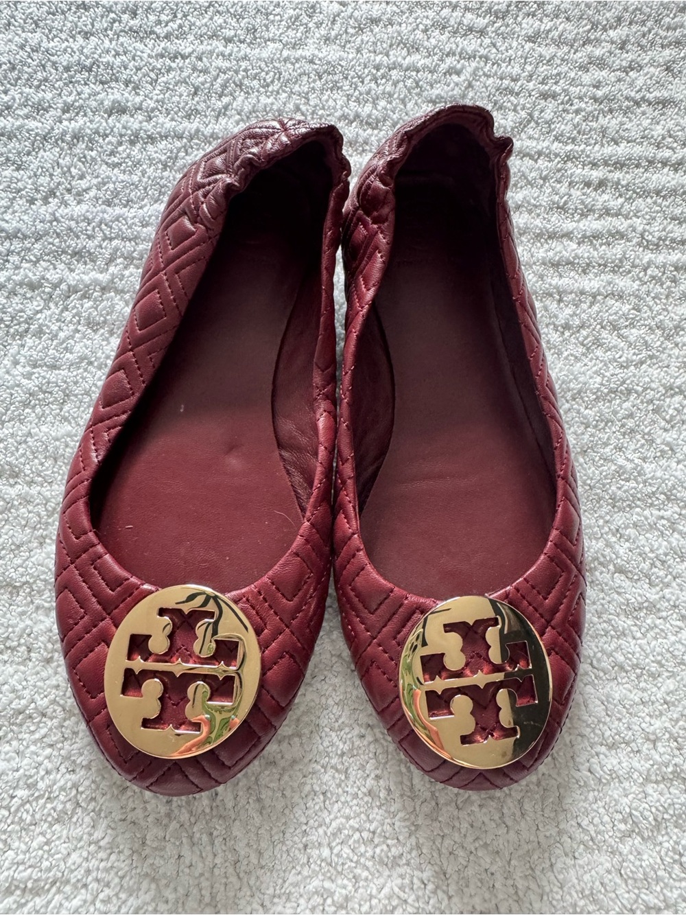 Tory Burch Quilted Burgundy Leather Ballet Flats with Gold Emblem